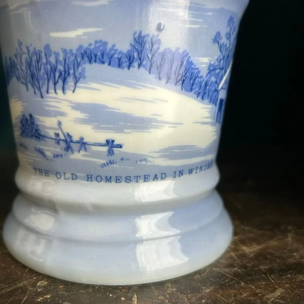 Vintage Currier & Ives The Homestead In Winter Blue Porcelain Shaving Cup Mug